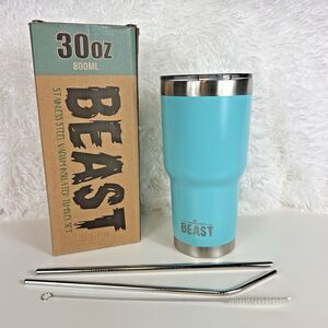 Beast NEW 30 oz Tumbler Stainless Steel Insulated Hot‎ Cold Blue Straws Brush
